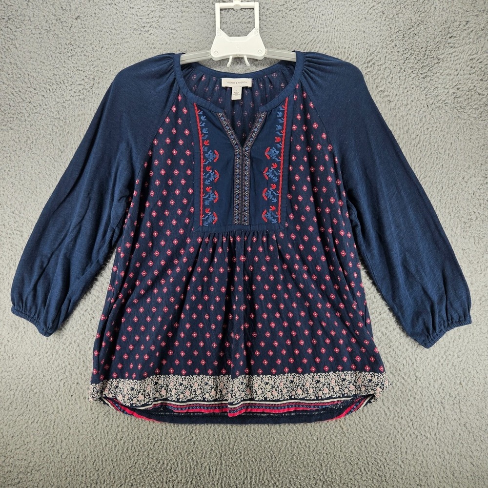 Vintage America Women Navy Blue Embroidered Boho Split Neck Blouse Top Large
